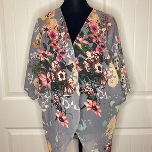 Women's Floral Print Short Sleeve Shawl Chiffon - gray
